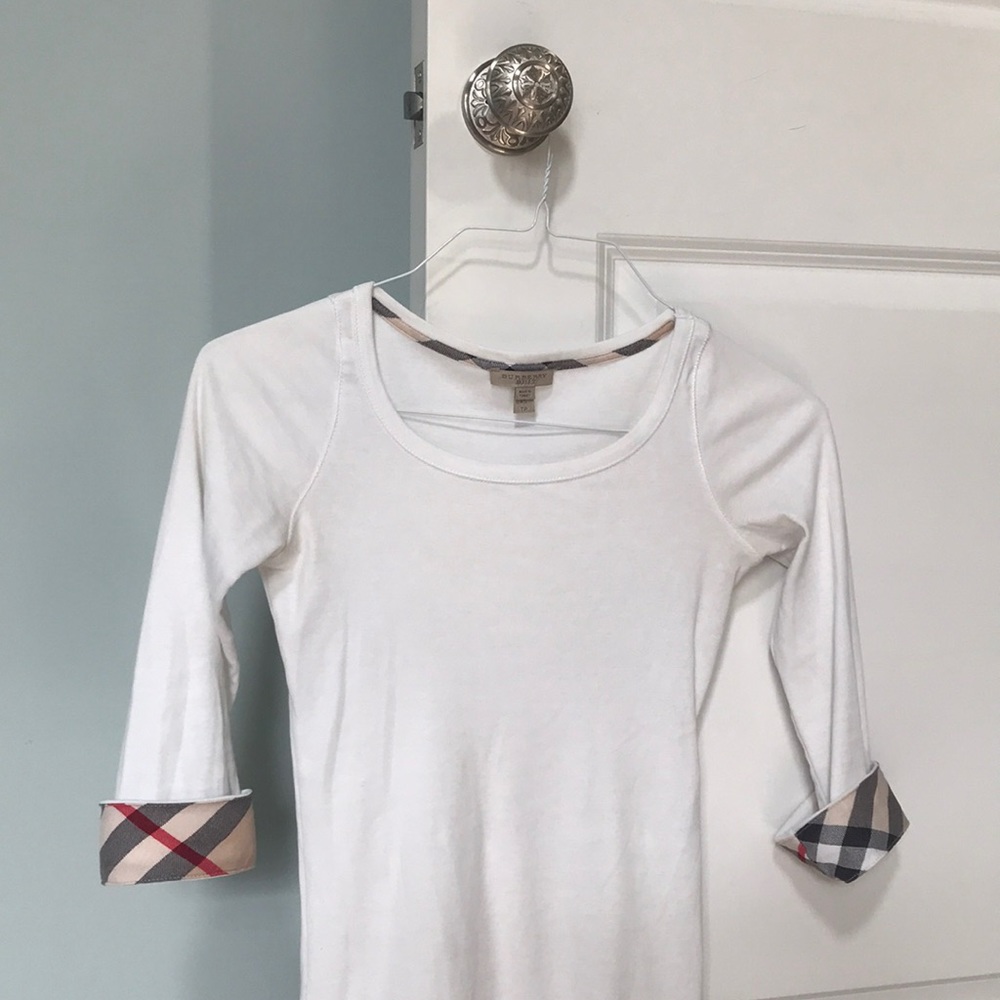 Burberry 3/4 sleeve top with plaid cuffs